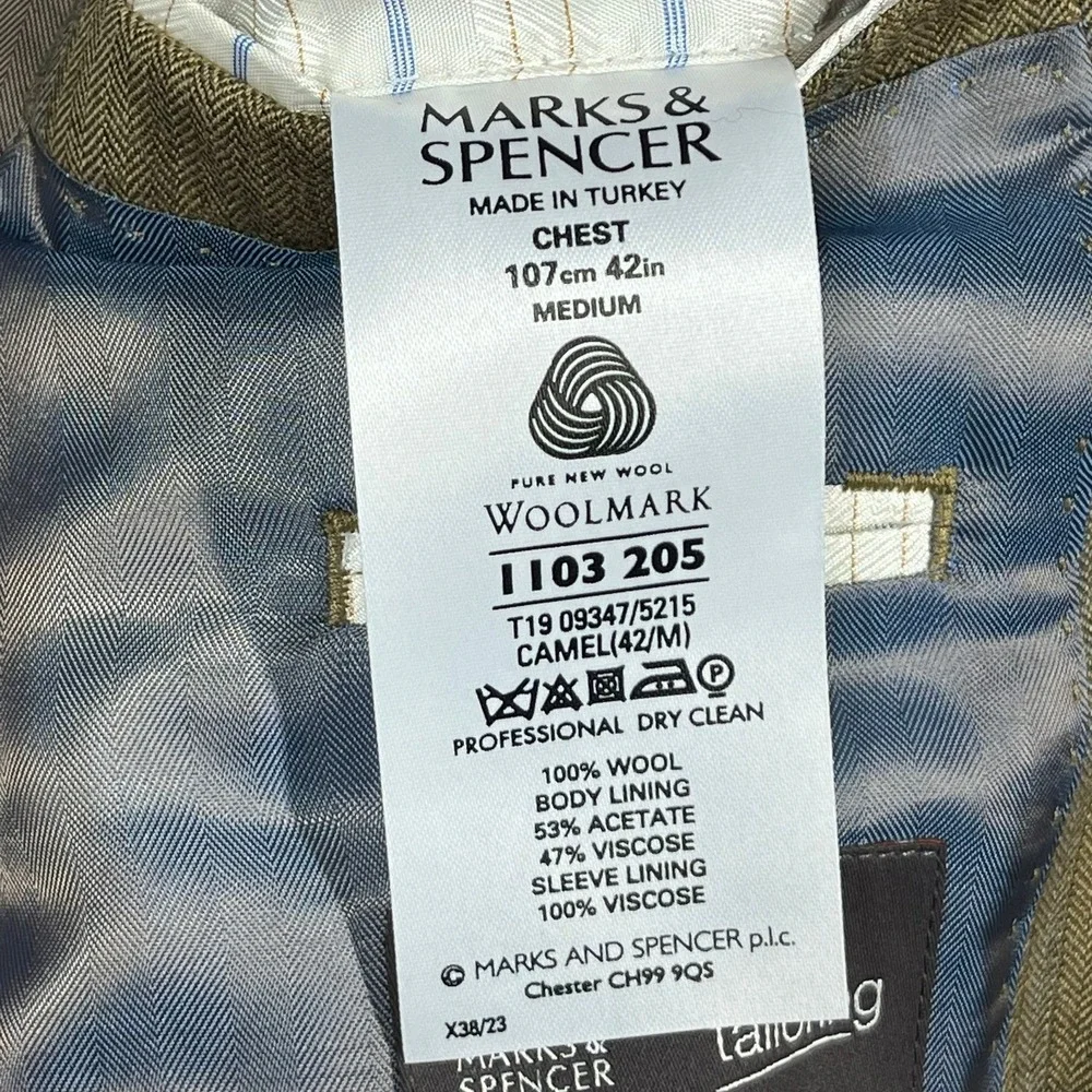 Marks & Spencer‎ Wool Two-Button Blazer Mens 42 Med Camel Herringbone Windowpane